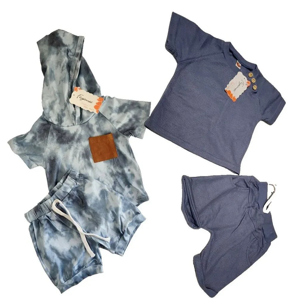 4 Piece Set 12-18 Mo. Blue Baby Boy Shorts Sets Outfits NEW Pockets and Buttons